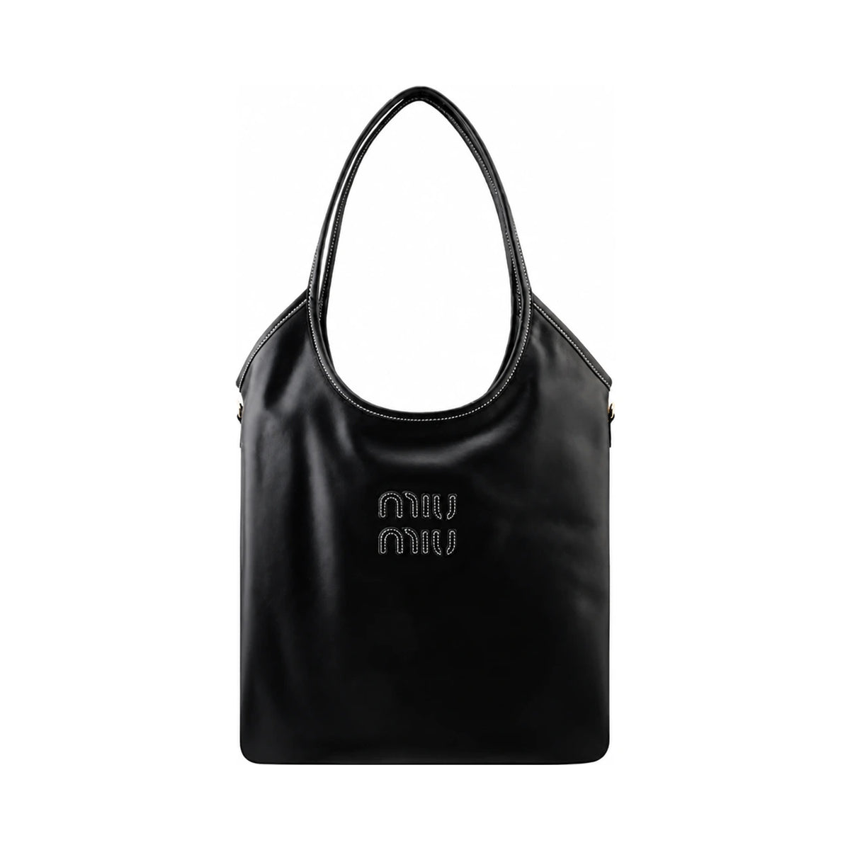 Miu Miu Embroidered Logo Ivy Regular Tote Shoulder Bag Black