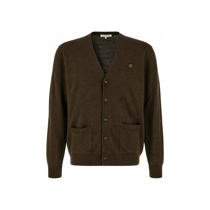 Maison Kitsune Fox Head Cardigan Khaki Wool Men's Knit