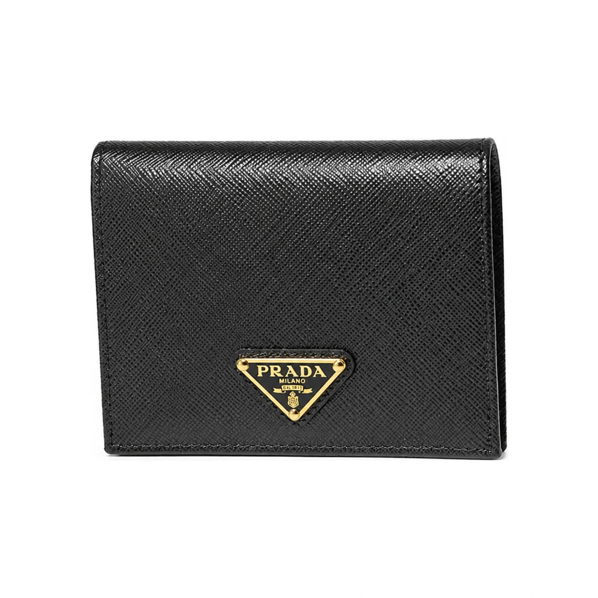 PRADA Black Saffiano Leather Triangular Logo Gold-Tone Women’s Bifold 1MV204 QHH