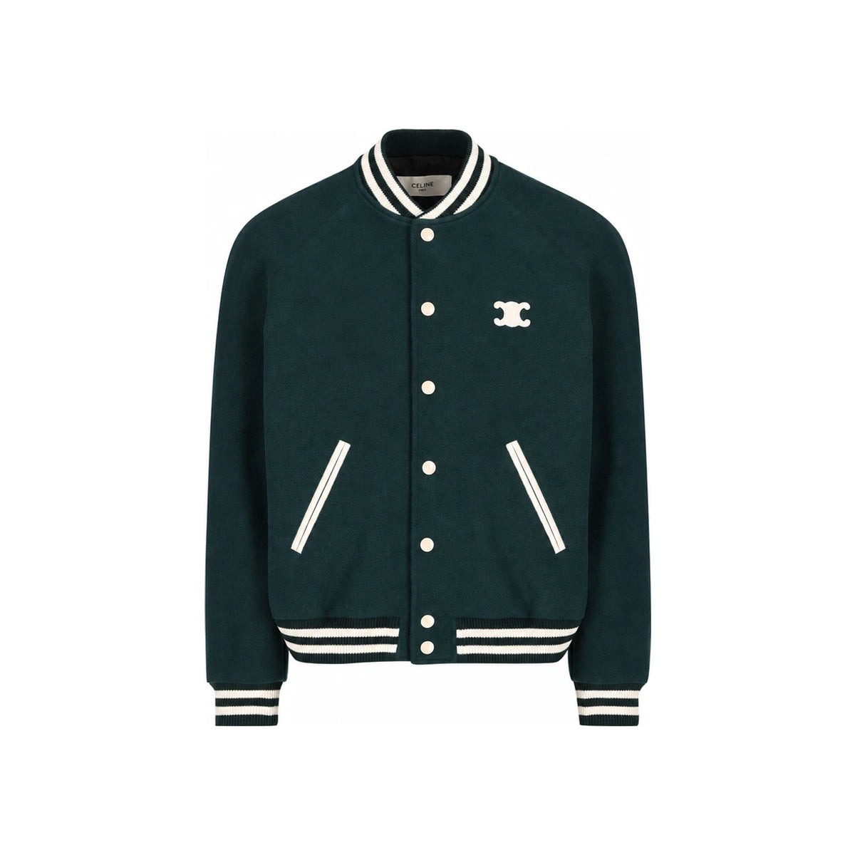 CELINE Triomphe Logo Stadium Teddy Bomber Jacket Green
