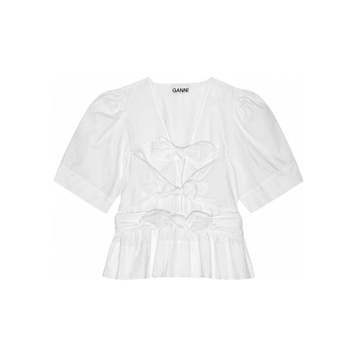 GANNI Stretch Cotton Tie-Strap Blouse Bright White W0309151