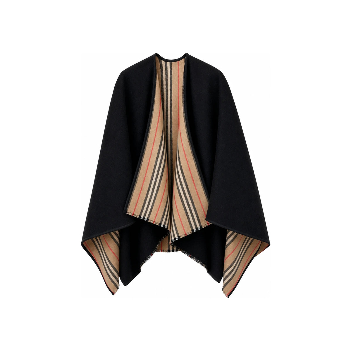 BURBERRY Icon Stripe Wool Reversible Cape Poncho Black