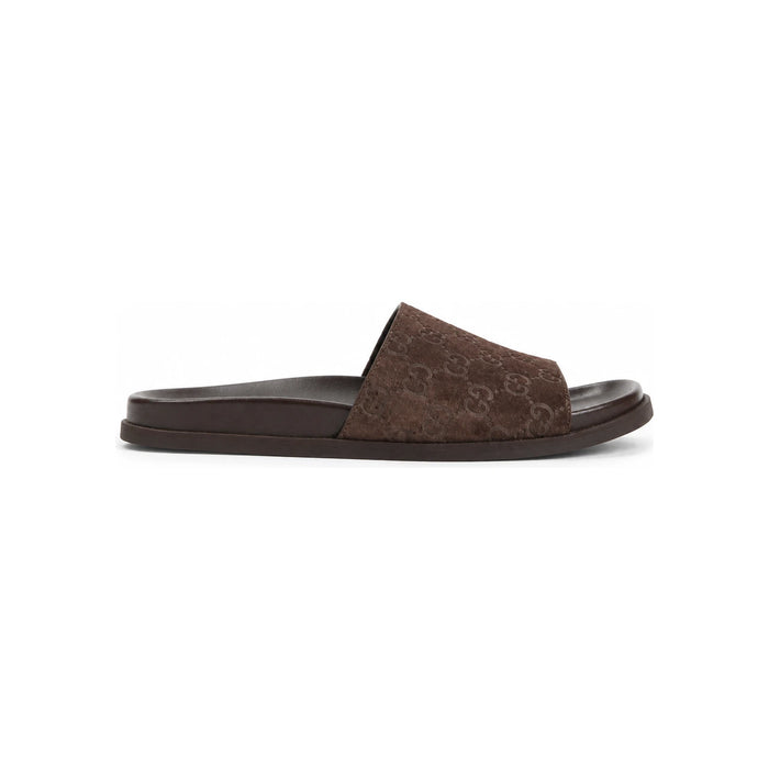 GUCCI Men’s GG Logo Slide Sandals Brown Leather Slippers