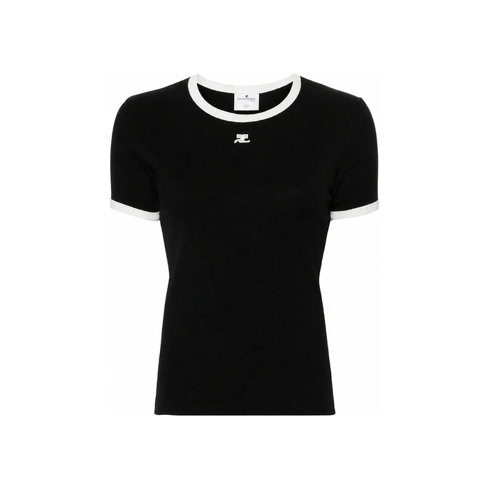 courreges Reedition Contrast Women's Short Sleeve T-Shirt Black VESJTS017JS0070