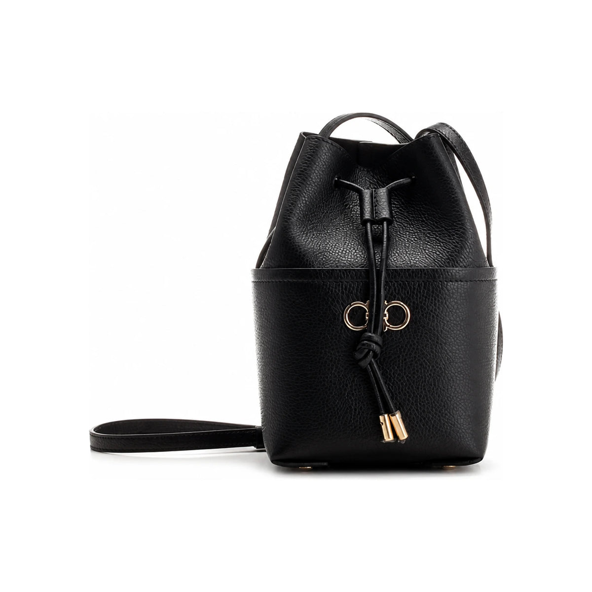 Ferragamo Gold-Tone Double Gancini Black Leather Bucket Crossbody Bag