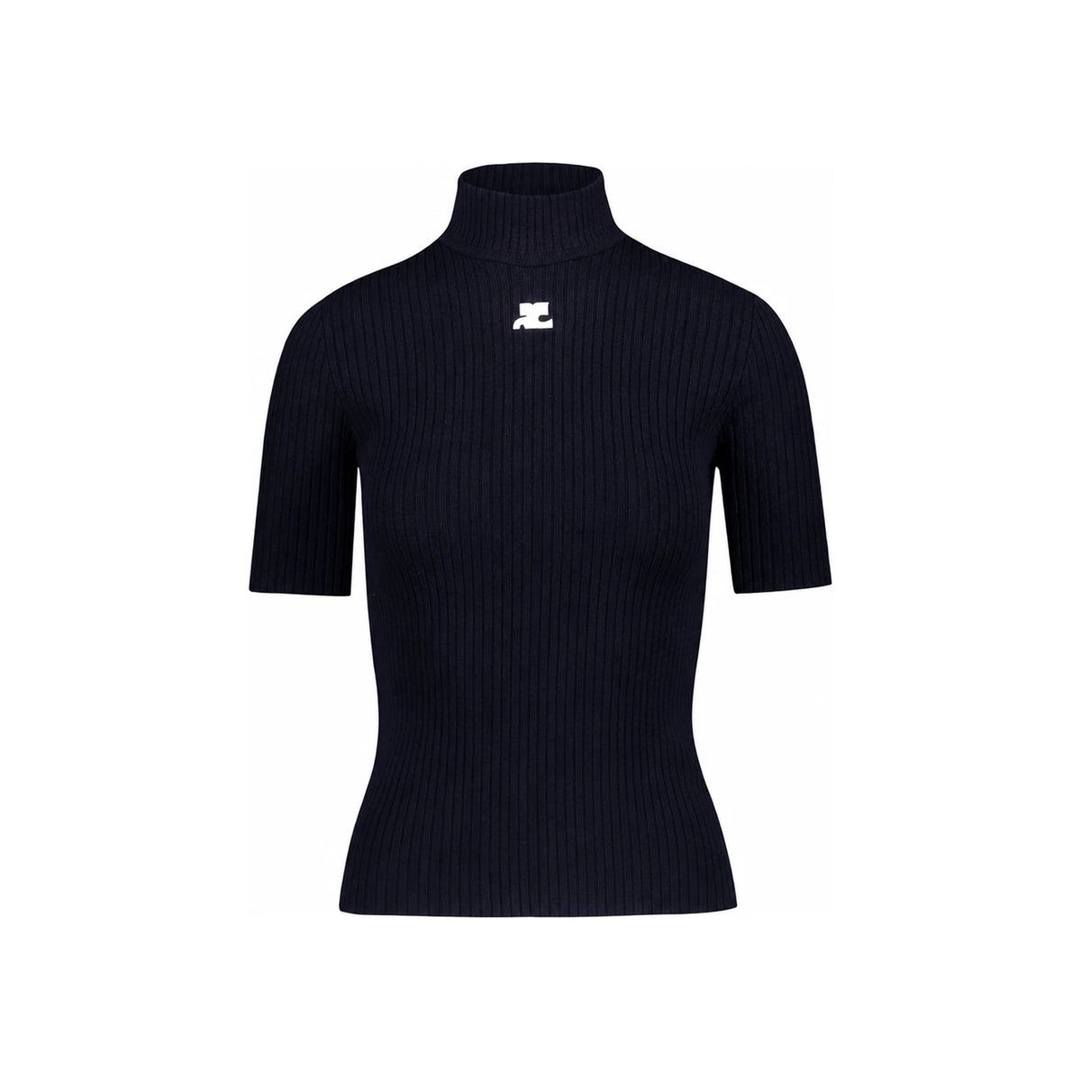courreges Dark Navy High Neck Short Sleeve Logo Knit Sweater Women
