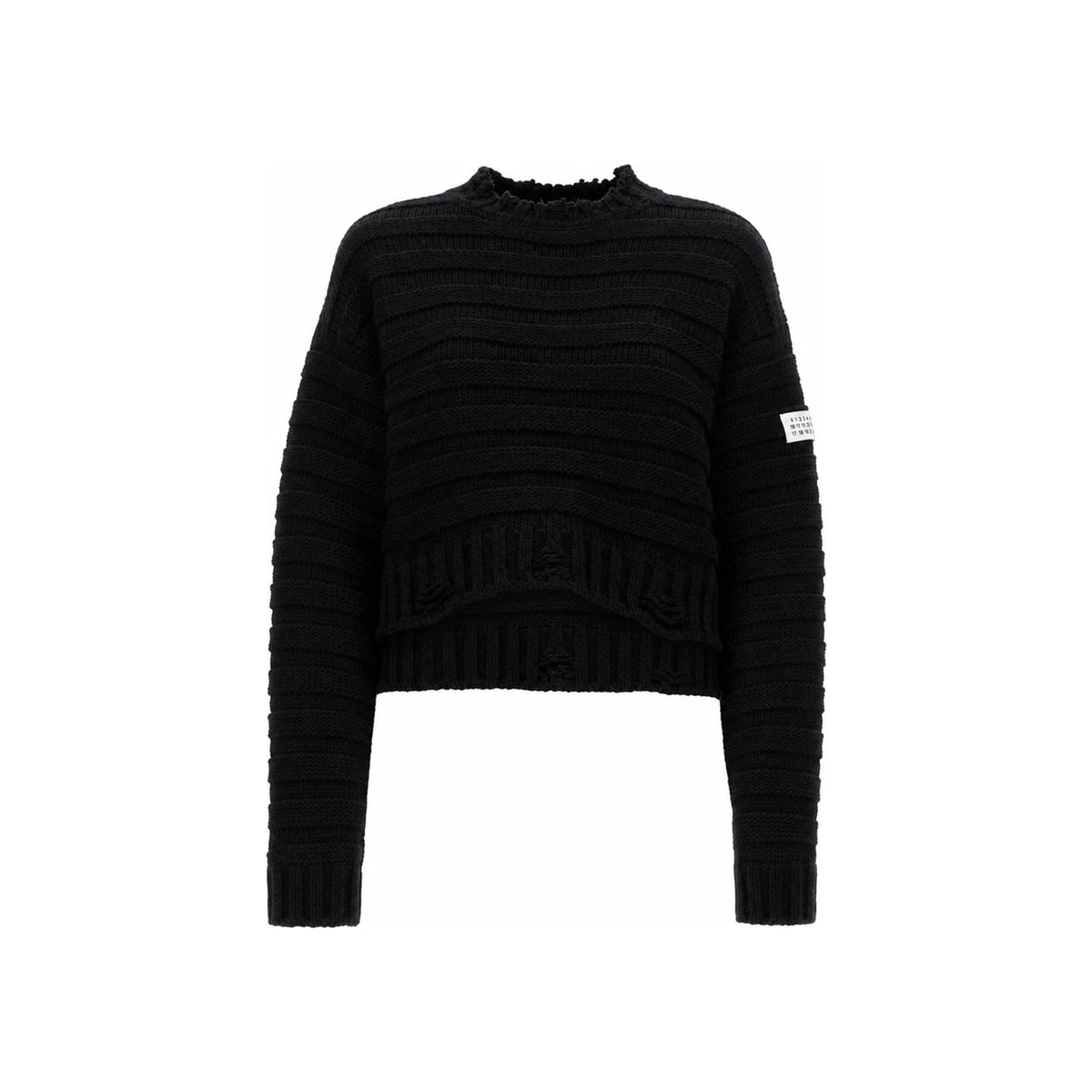 MM6 Patch Distressed Wool Crewneck Sweater Black
