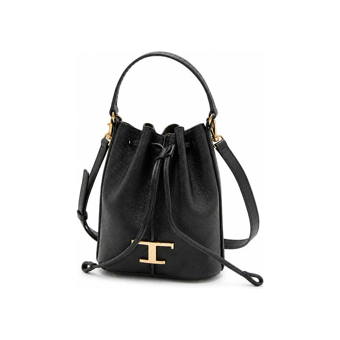 Tods Timeless Logo Black Leather Bucket Bag Crossbody