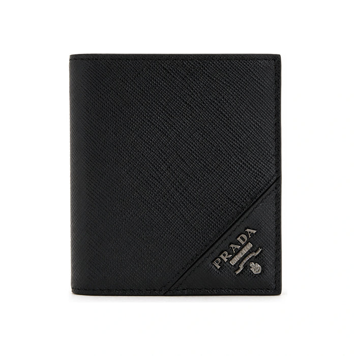 PRADA Black Saffiano Leather Bifold Wallet Silver-Tone Hardware