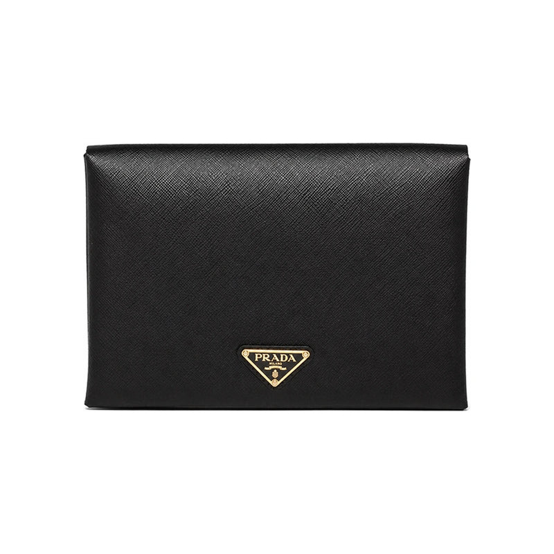 PRADA Saffiano Triangle Logo Document Clutch Bag Black Red