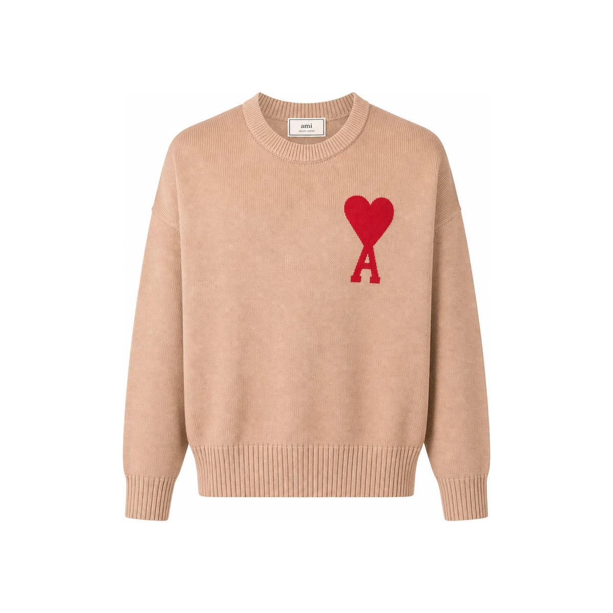 AMI Beige Big Heart Logo Embroidered Crewneck Knit Sweater Men