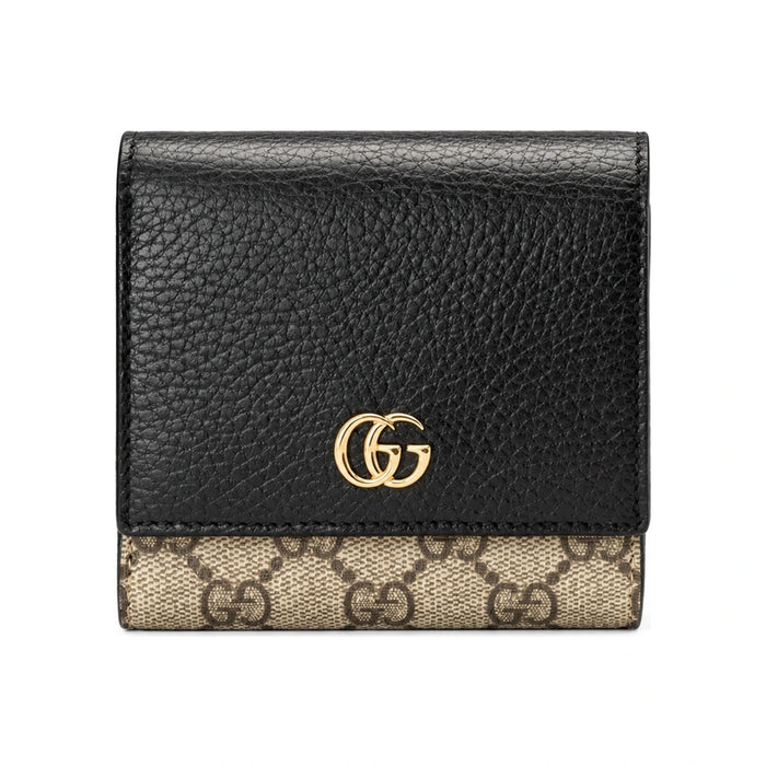 GUCCI GG Marmont Small Bifold Wallet Black Beige Leather
