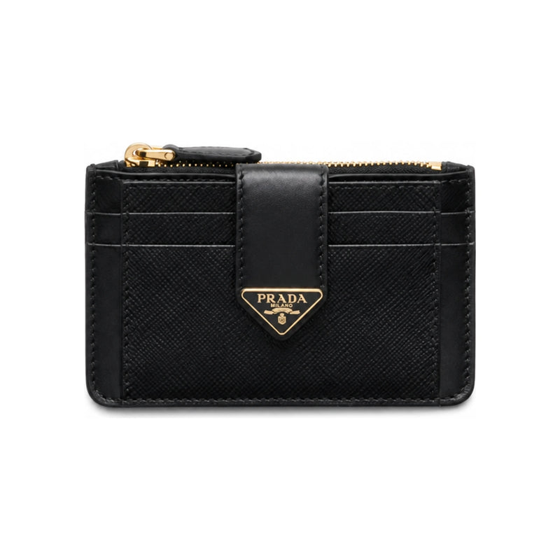 PRADA Black Saffiano Leather Triangle Logo Card Holder
