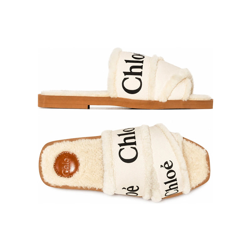 Chloe Woody Logo Strap Shearling Sandals White