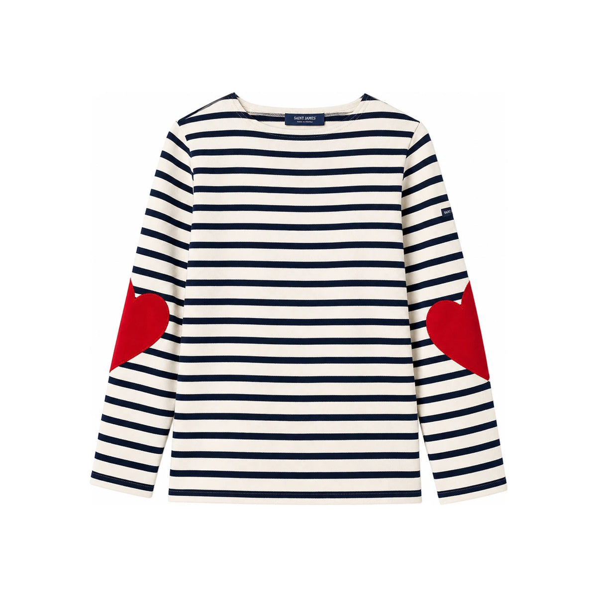 Saint James Ecru/Navy Stripe Long Sleeve Tee with Heart Elbow Patches