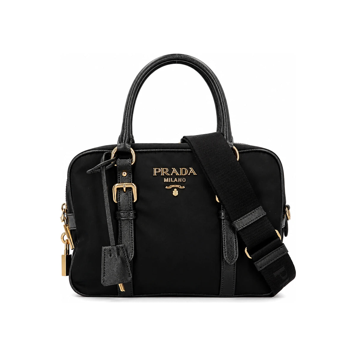 PRADA Black Saffiano Leather Shoulder Tote Bag Gold Logo