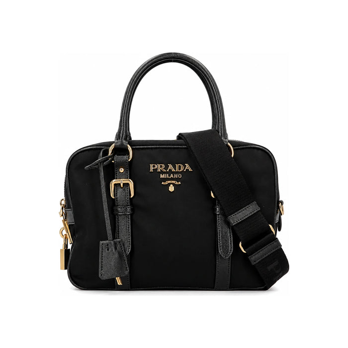 PRADA Black Saffiano Leather Shoulder Tote Bag Gold Logo