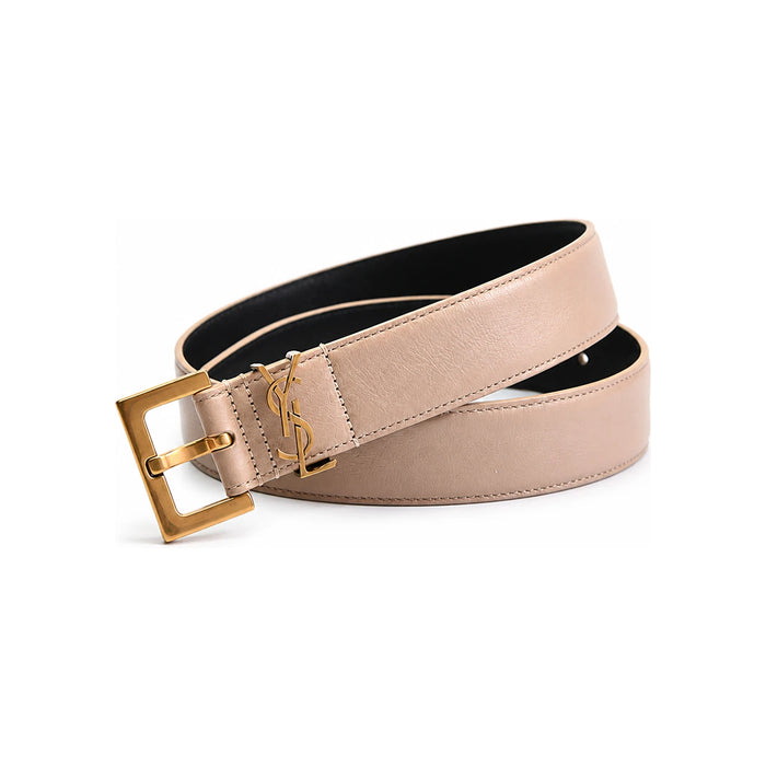 Saint Laurent Cassandra Gold Square Buckle Beige Leather Belt