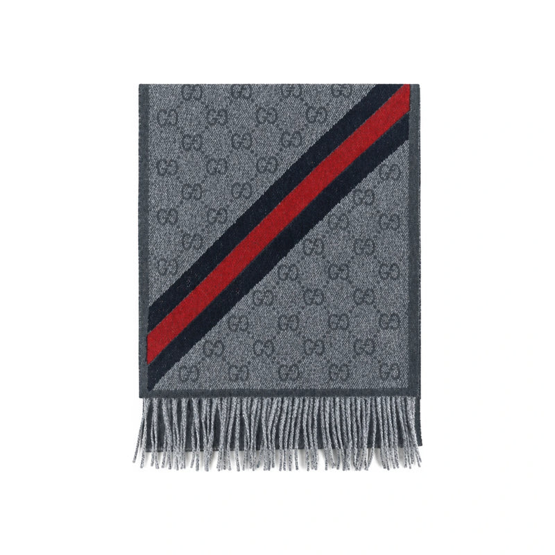 GUCCI Gray Wool Scarf Web Logo Muffler