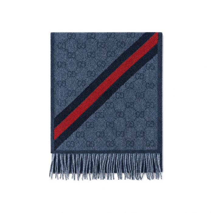 GUCCI GG Web Wool Scarf Midnight Blue
