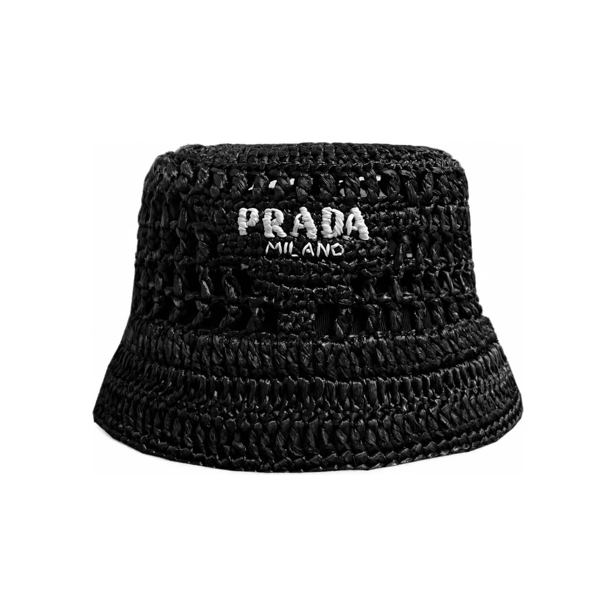 PRADA Black Raffia Logo Embroidered Bucket Hat 2HC137 2A2T F0002
