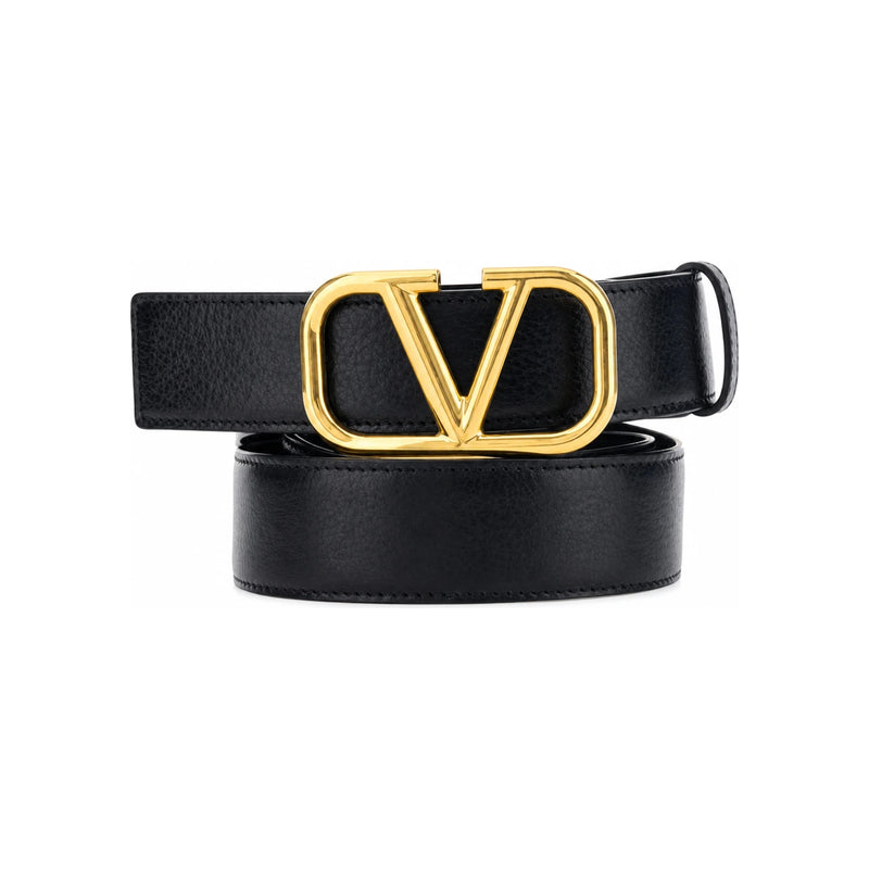 VALENTINO V Logo Gold-Tone Black Leather Men's Belt 3Y2T0S98 EET 0NO