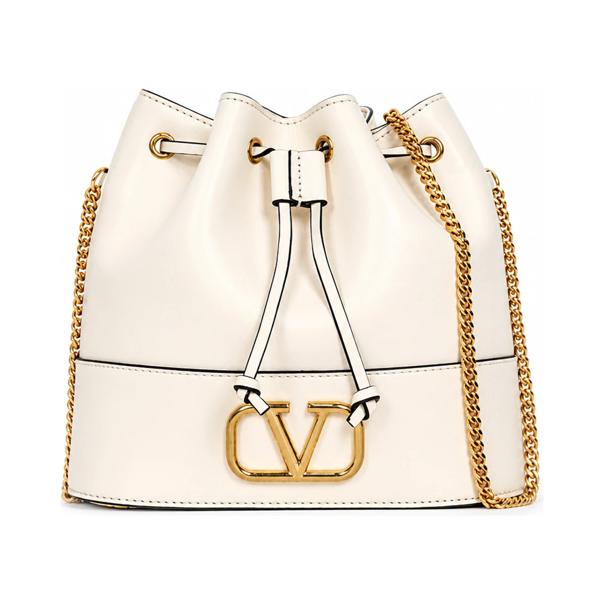 VALENTINO VLogo Chain Bucket Bag Ivory Leather Shoulder Bag
