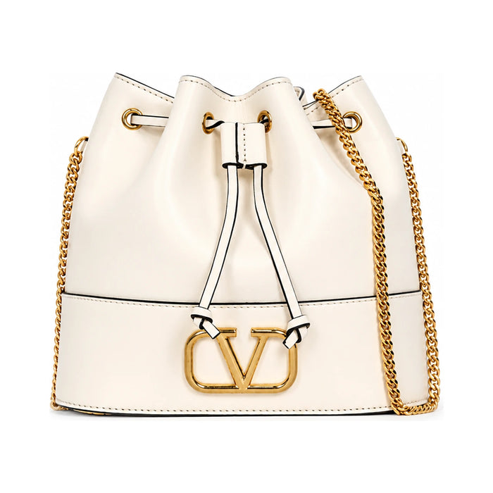 VALENTINO VLogo Chain Bucket Bag Ivory Leather Shoulder Bag