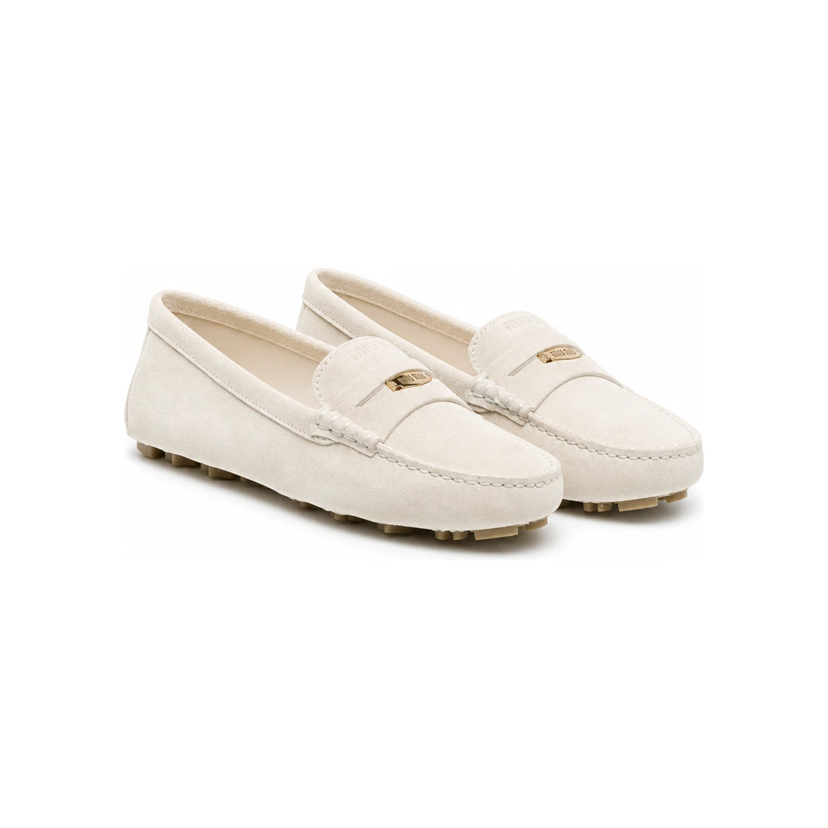 Miu Miu Beige Logo-Engraved Driving Loafers