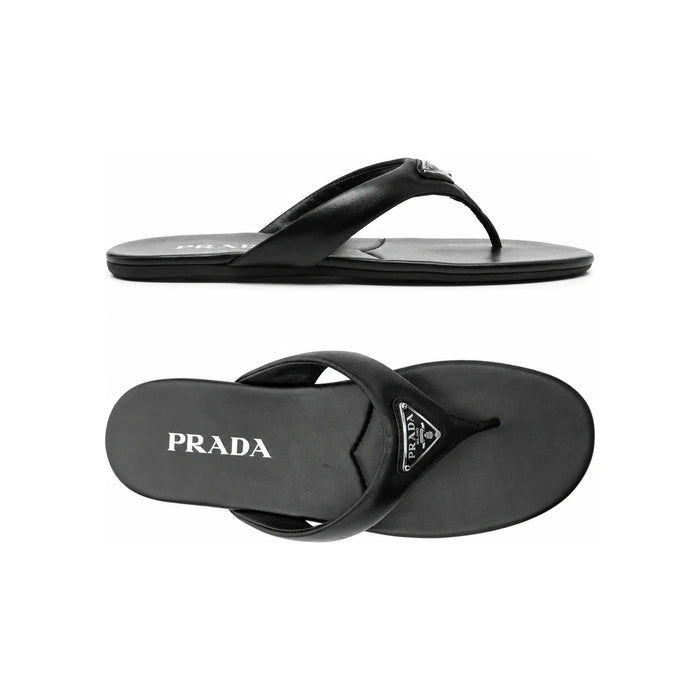 PRADA Soft Nappa Triangle Logo Flip Flops Black Sandals