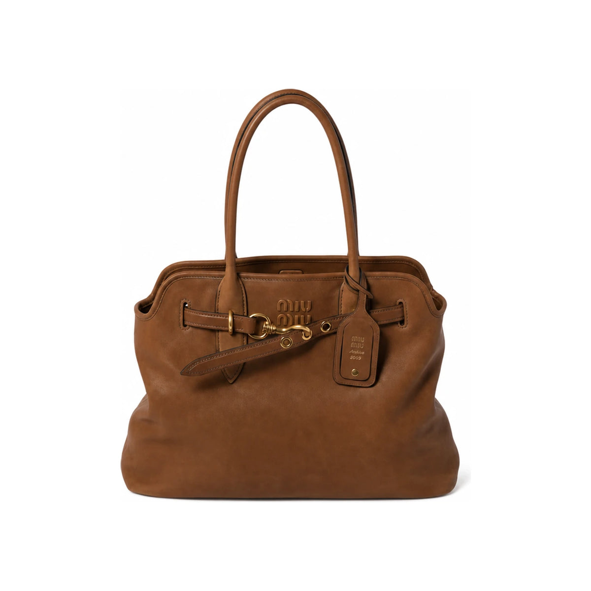 Miu Miu Embossed Logo Nappa Leather Medium Tote Bag Oak