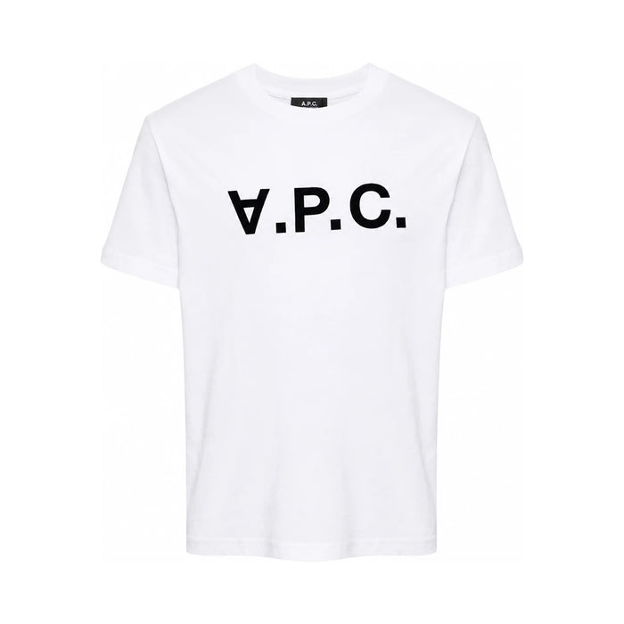 A.P.C. White/Dark Navy Velvet Logo Standard Unisex Short Sleeve T-Shirt