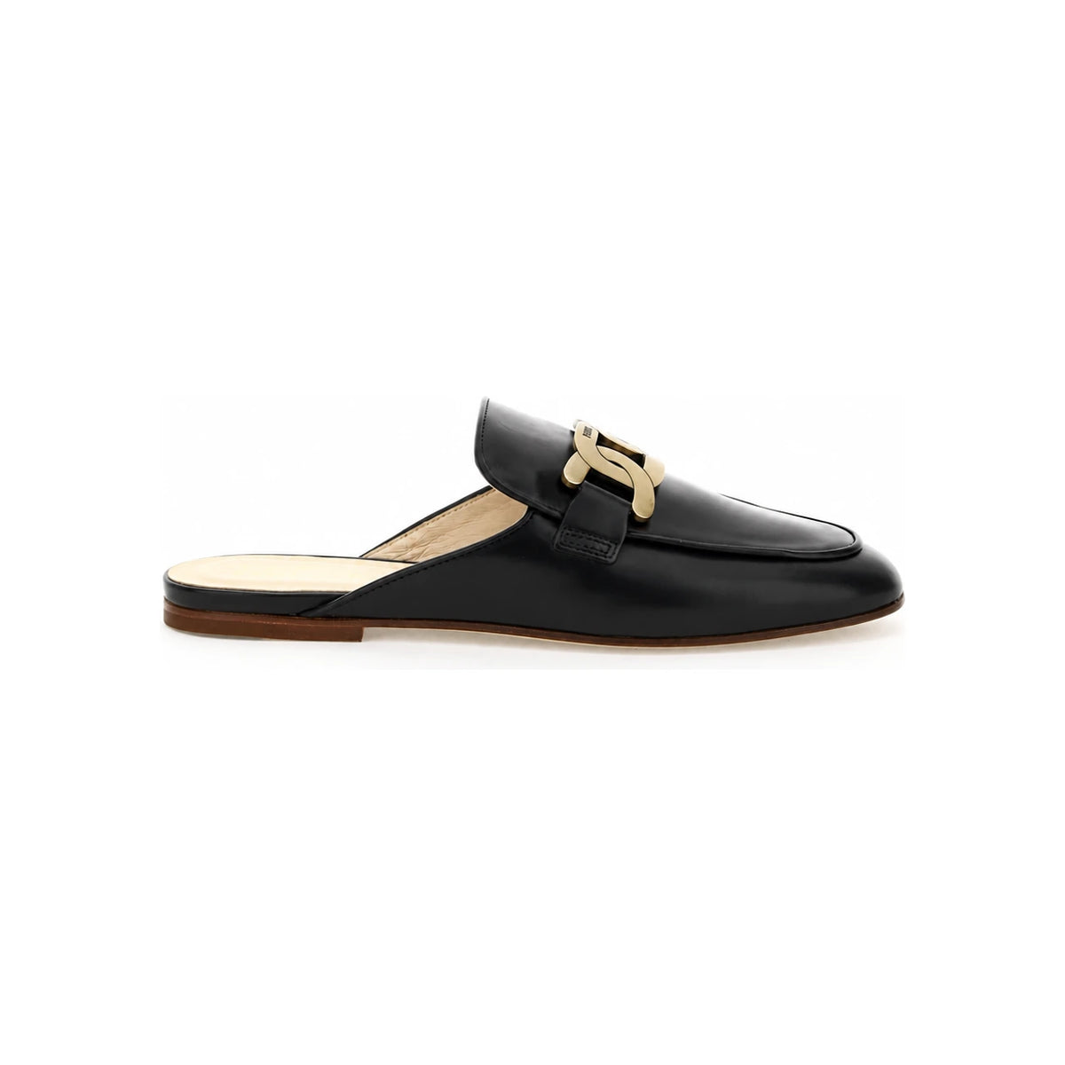 Tods Chain Logo Leather Sabot Backless Loafers Black