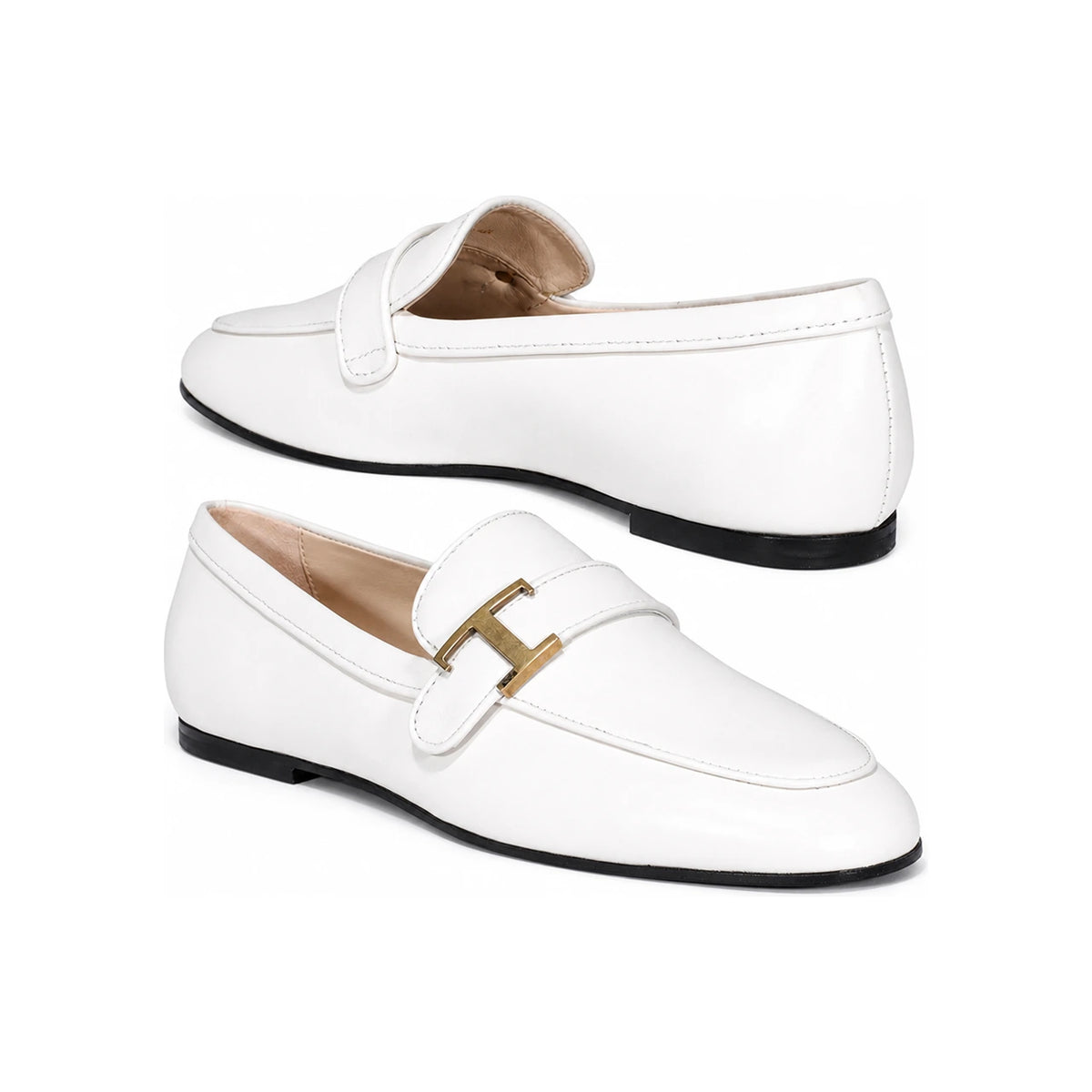 Tods White Leather Moccasin Loafers with Gold T Logo