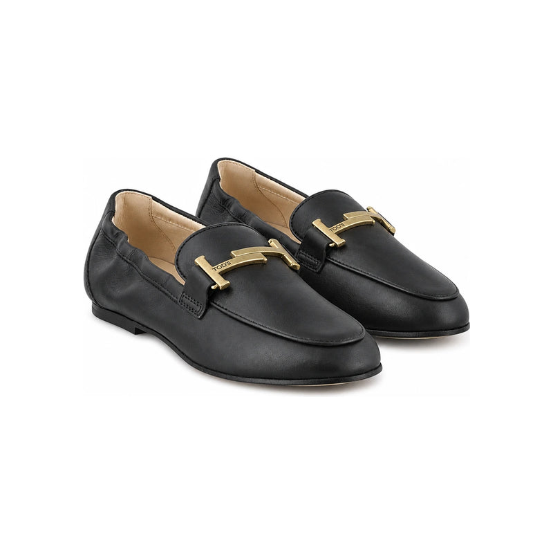Tods Double T Gold Hardware Leather Loafers Black Women’s
