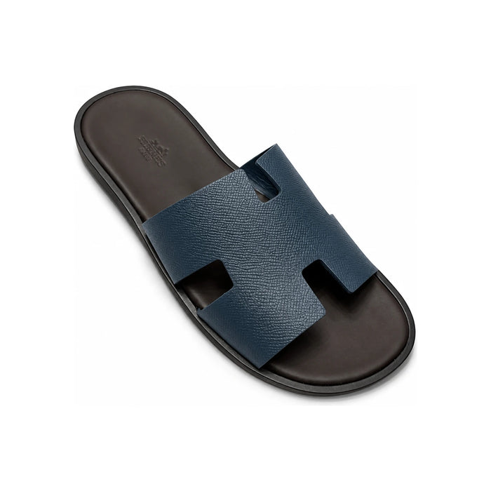 HERMES Izmir Two-Tone Green Blue Deep Brown Leather Slippers