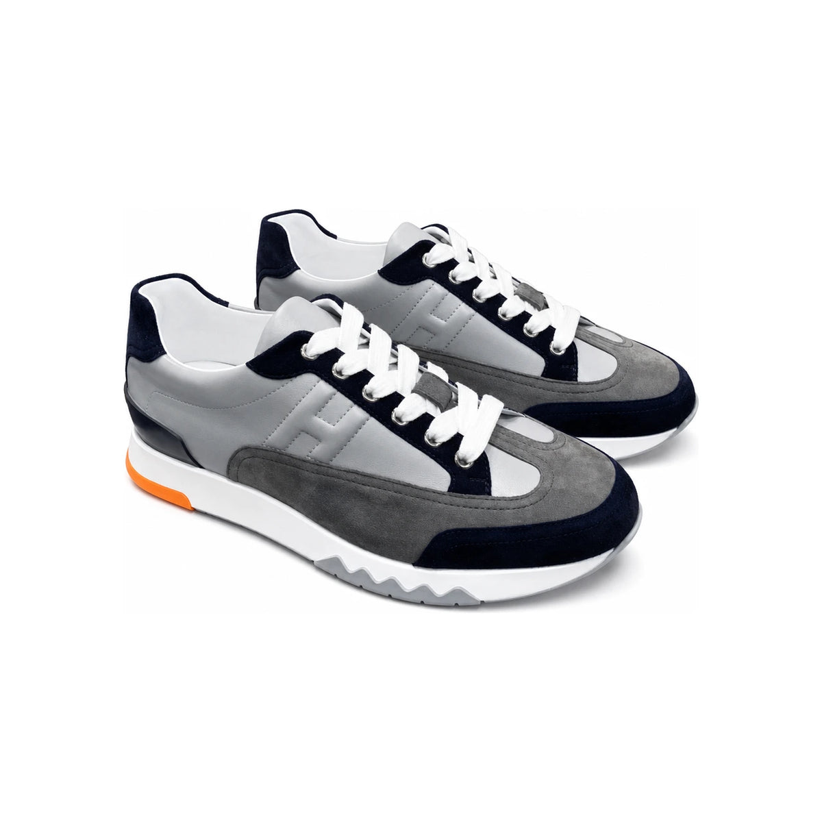 HERMES Navy Gray Calfskin Trail Low-Top Sneakers for Men