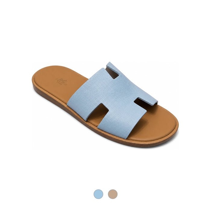 HERMES Sky Blue Light Brown Two-Tone Izmir Leather Slide Sandals