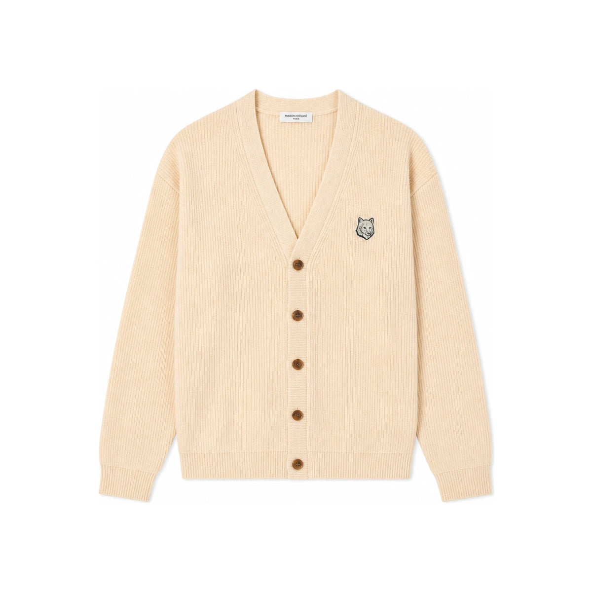 Maison Kitsune Bold Fox Head Beige Cardigan Men Knit MM00506 KT1098 P205