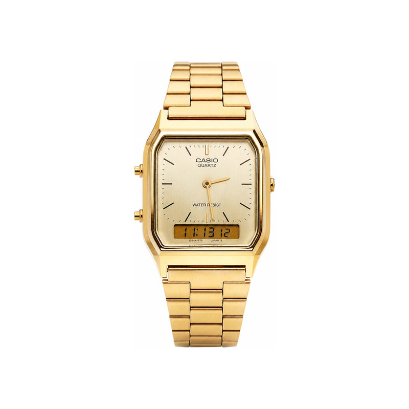 Casio Gold Square Digital Analog Dual Time Metal Watch Unisex AQ 230GA 9DHDF