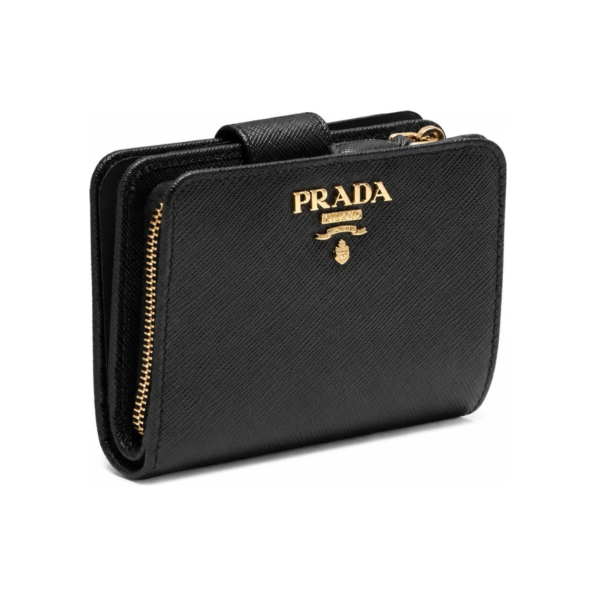 PRADA Metal Logo Black Leather Bifold Wallet for Women