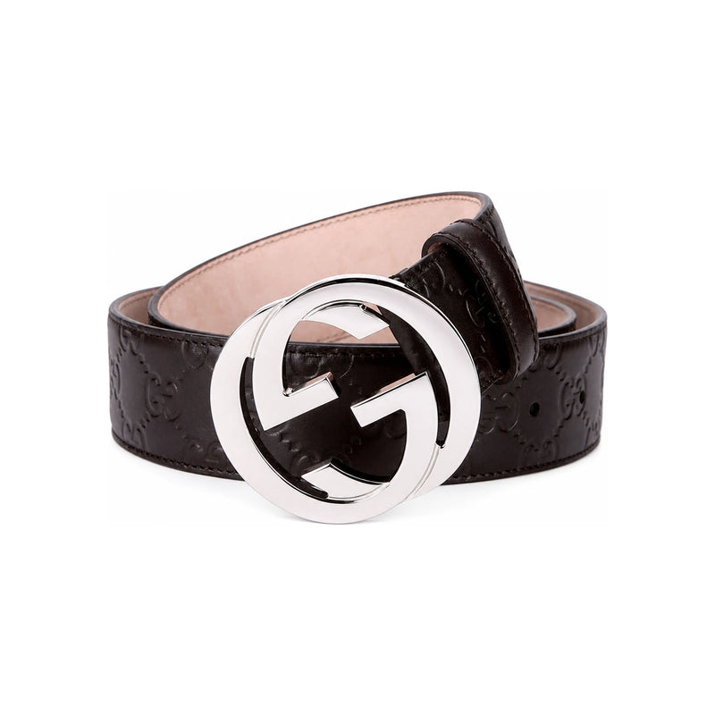GUCCI Dark Brown Signature GG Buckle Leather Belt 114984 114876