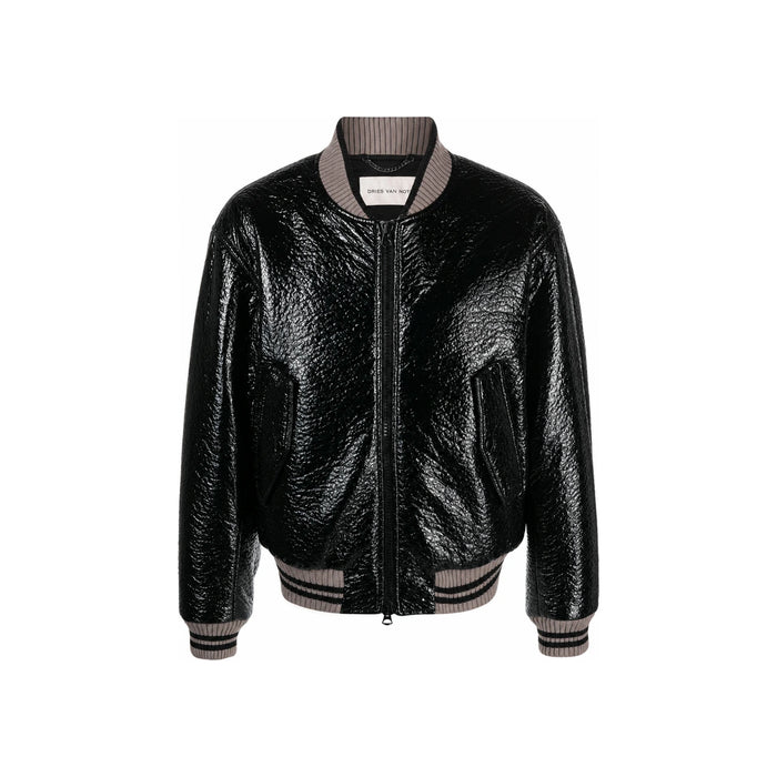 Dries Van Noten Men's Crinkle Black Bomber Jacket 232 020529 7205 900