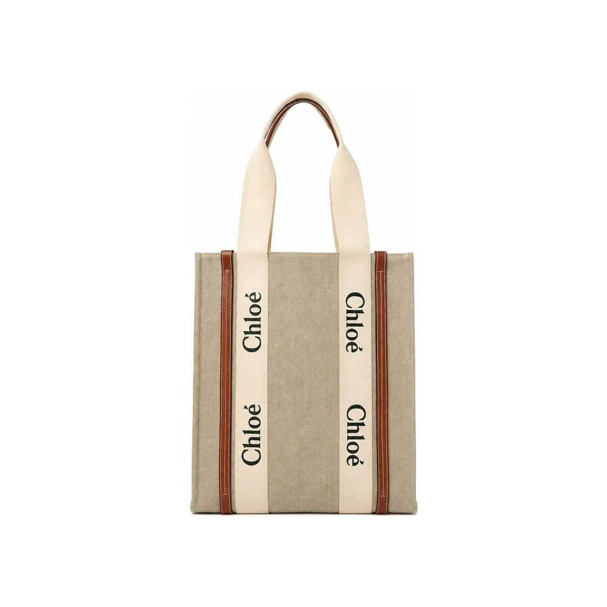 Chloe Woody NS Tote Bag Beige Canvas Leather Trim