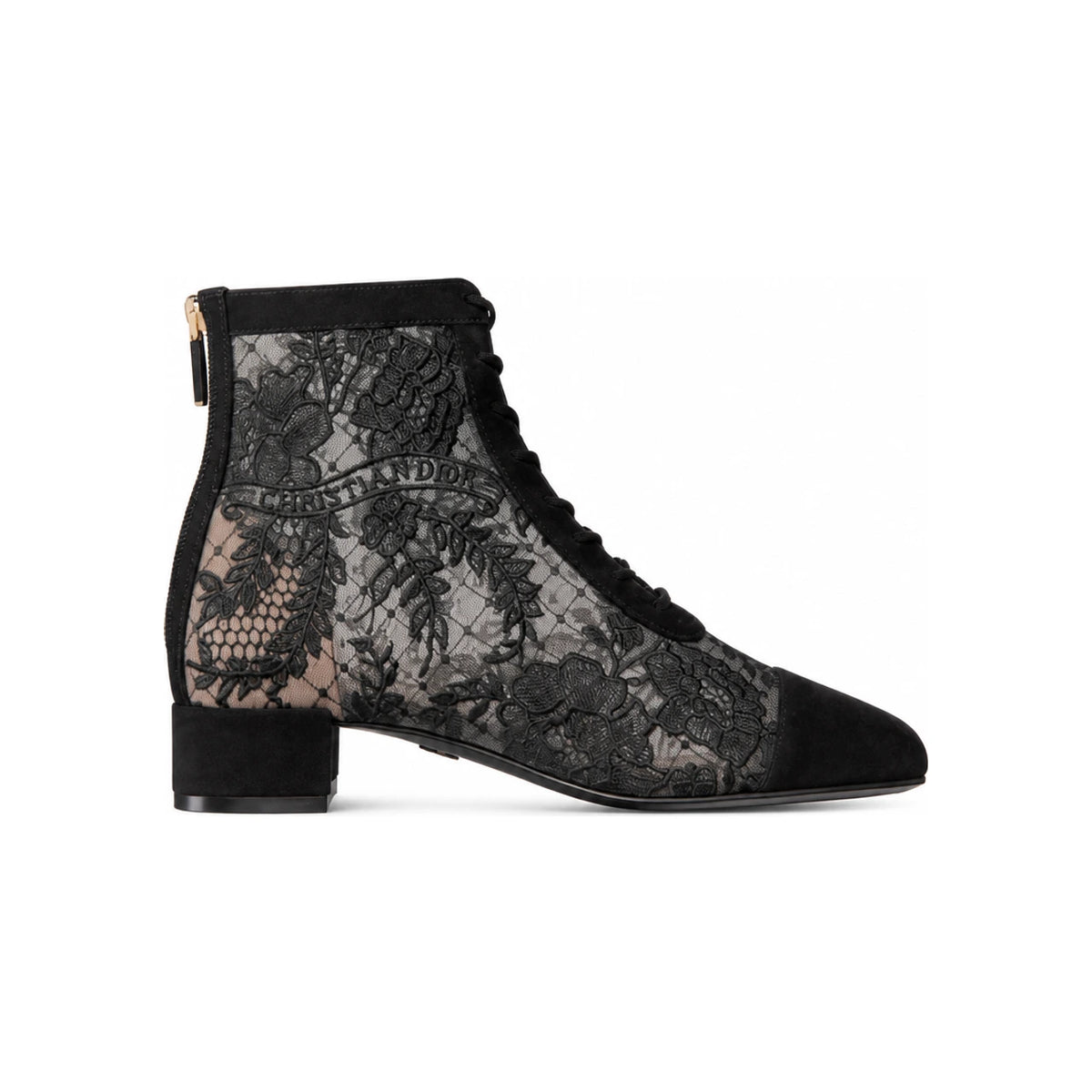 DIOR Black Mesh Ankle Boots with Dior Roses Embroidery Suede Leat KDI850ROY S900
