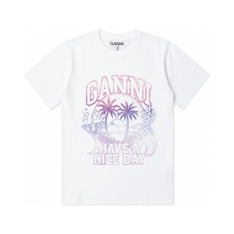GANNI Relaxed Fit Cocktail Logo Short Sleeve T-Shirt T3918