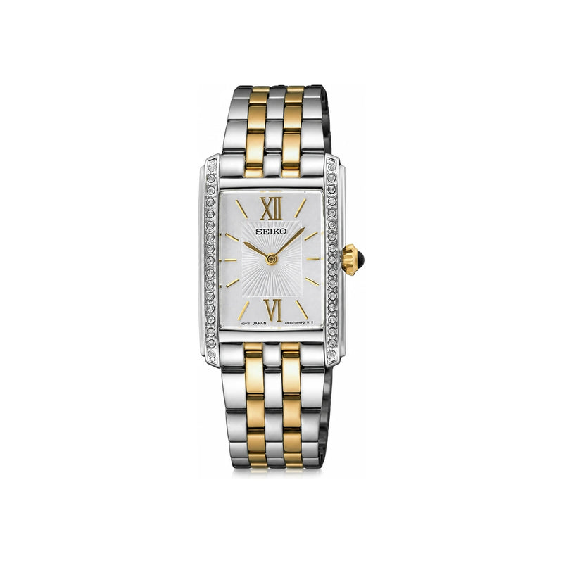 Seiko Two-Tone Square Modern Classic Cubic Accent Women’s Metal Watch SWR093 P1