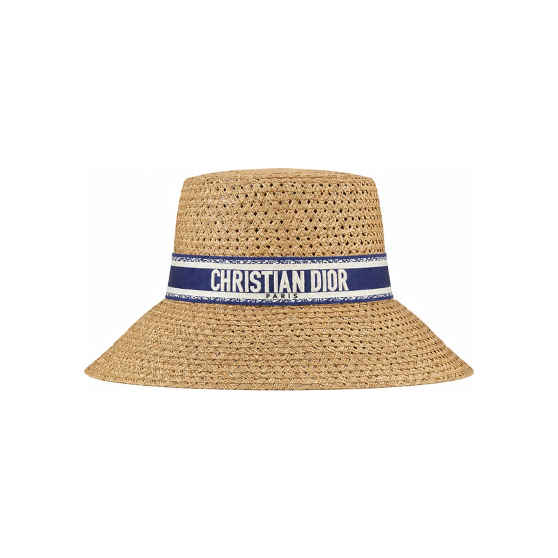 DIOR Blue White Embroidered Band Wide Brim Straw Cap