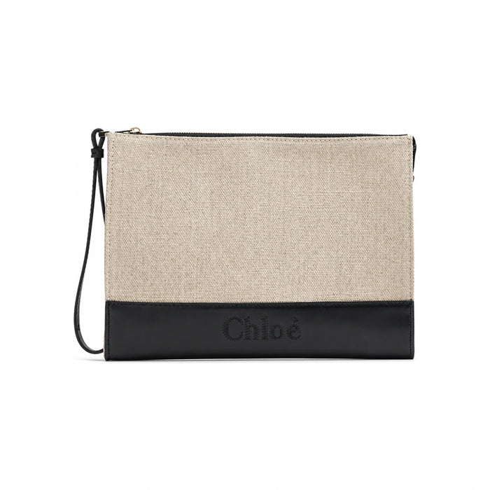 Chloe Sense Logo Pouch Clutch Bag Black Leather Unisex