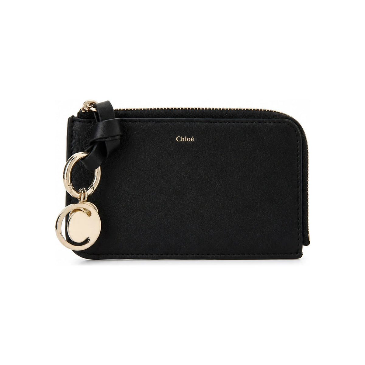 Chloe Logo Charm Zip Pocket Card Holder Wallet Black Women